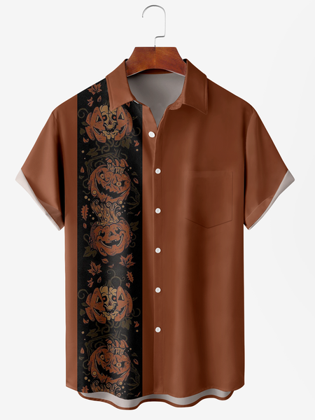 Men's Halloween Pumpkin Print Moisture Wicking Fabric Fashion Lapel Short Sleeve Shirts, Orange red, Men's Floral shirt