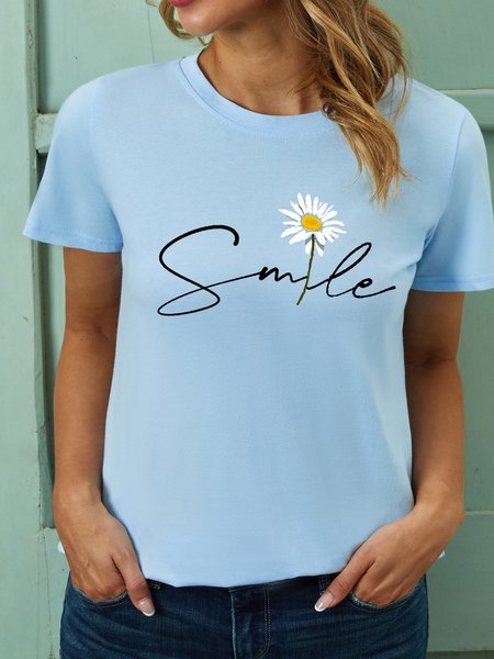 

Womens Smile Flower Inspire Cotton Casual Top, Light blue, T-shirts