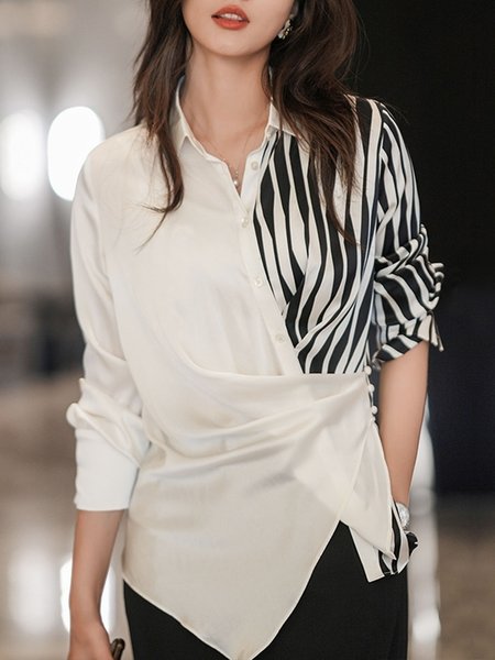 

Daily Long sleeve Shirt Collar Urban Regular Fit Blouse, White, Blouses and Shirts
