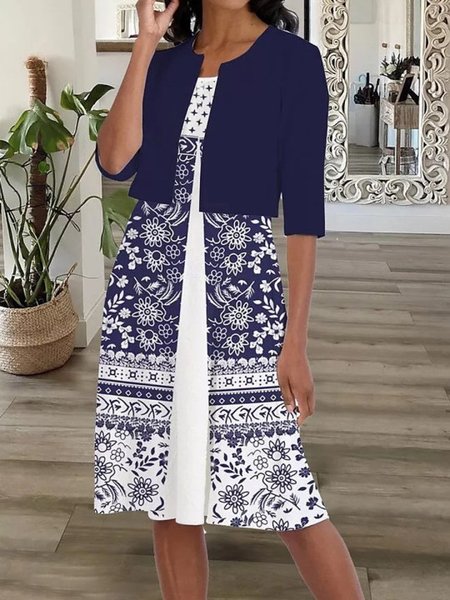 

Casual Ethnic Floral Patchwork Design Crew Neck Knit Dress, Dark blue, Dresses