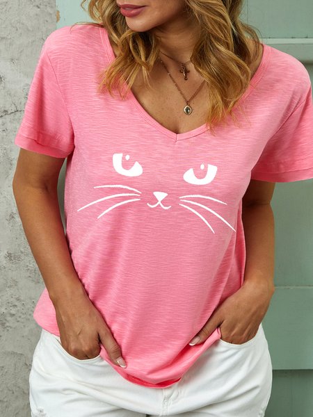 Womens Cute Cat Casual V Neck T-Shirt, Pink, T-shirts