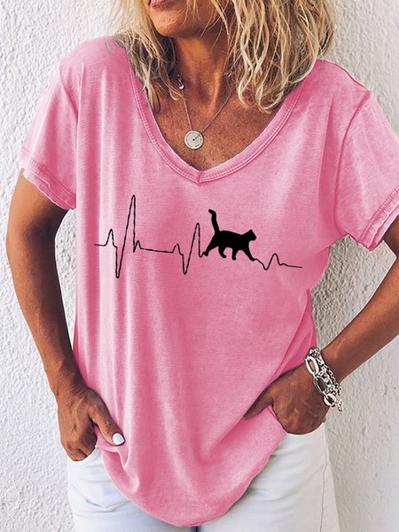 

Women's Fashion Funny Cat Heartbeat Lifeline Print Casual T-Shirt, Pink, T-shirts