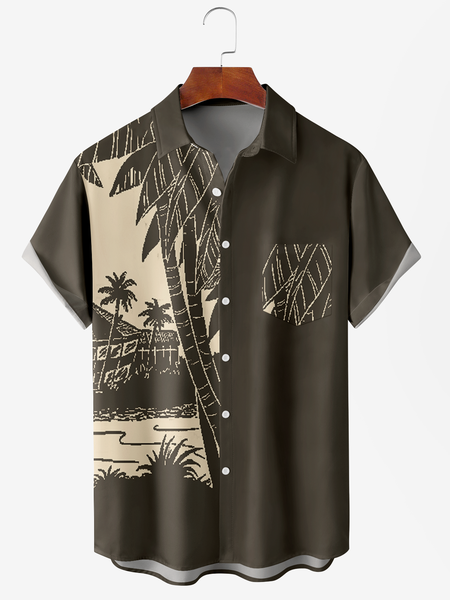 Men's Coconut Tree Print Moisture Wicking Fabric Fashion Lapel Short Sleeve Shirts, Coffee, Men's Floral shirt