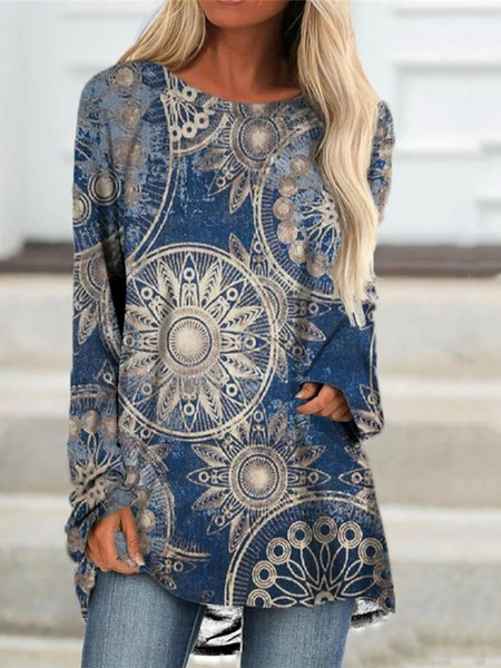 

Ethnic Casual Raglan Sleeve Crew Neck T-Shirt, Blue, Shirts & Blouses