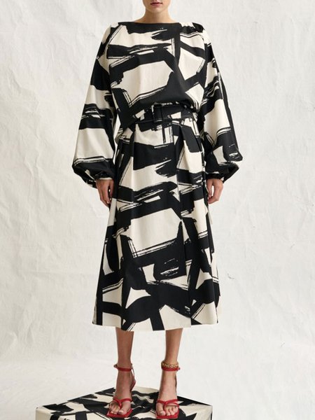 

Daily Boat Neck Abstract Regular Fit Dresses With Belt, White, Maxi Dresses