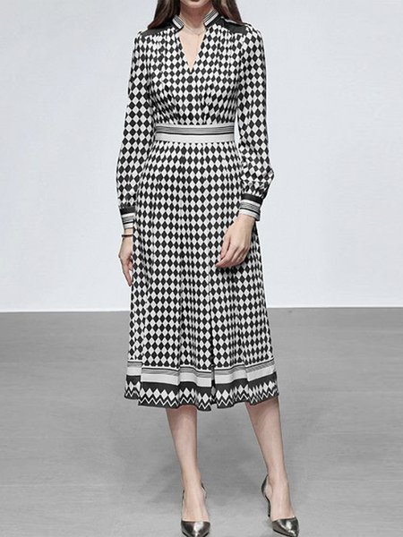 

Houndstooth Urban Regular Fit Long Sleeve Midi Dress, Black-white, Midi Dresses