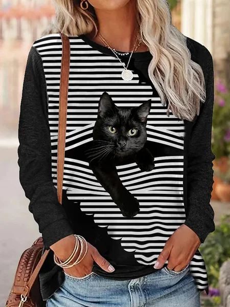 

Striped Casual Autumn Polyester Lightweight Micro-Elasticity Loose Long sleeve H-Line T-shirt for Women, Black, Long Sleeves