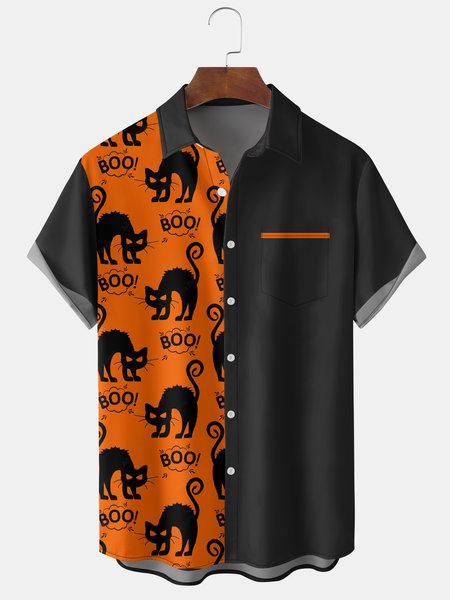 

Men's Halloween Elements Cat Graphic Print Short Sleeve Shirt, Black, Men's Floral shirt