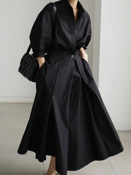 

Elegant Commuting Shirt Collar Plain Pockets Dress, Black, Maxi Dresses