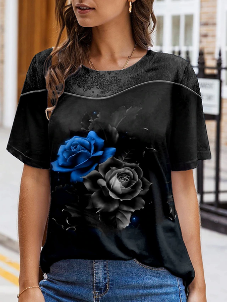 

Floral Casual Regular Fit Short sleeve T-Shirt, Black, T-Shirts