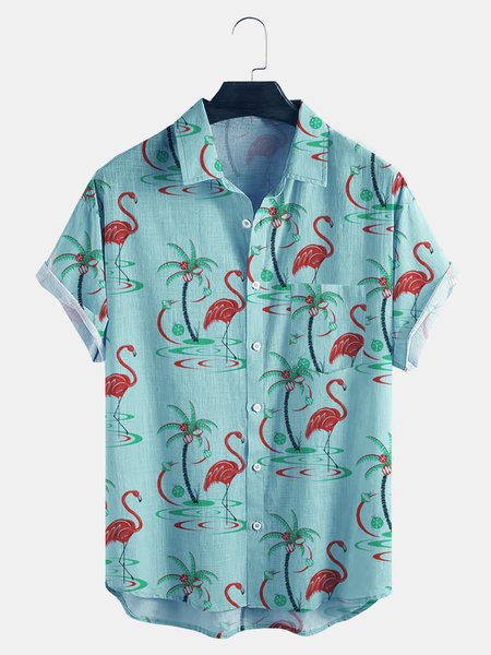 

Cotton Linen Flamingo Print Casual Short Sleeve Shirt, As picture, Men's Floral shirt