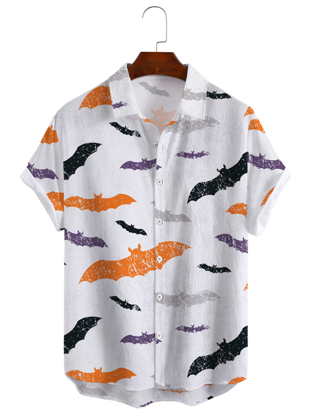 Cotton Linen Style Halloween Print Men's Cotton Linen Short Sleeve Shirt, As picture, Men's Floral shirt