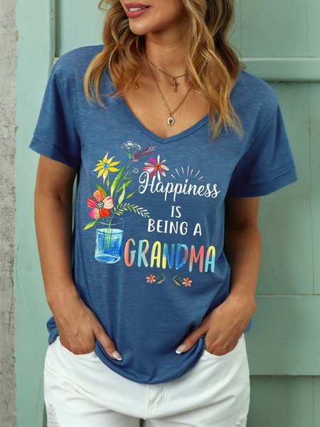 Women Grandma Floral Letter Casual Figure T-Shirt, Blue, T-shirts