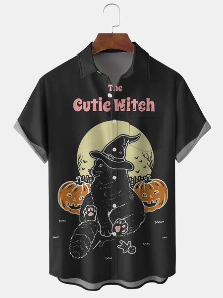 

Men's Halloween Elements Cat Graphic Print Short Sleeve Shirt, Black, Men's Floral shirt