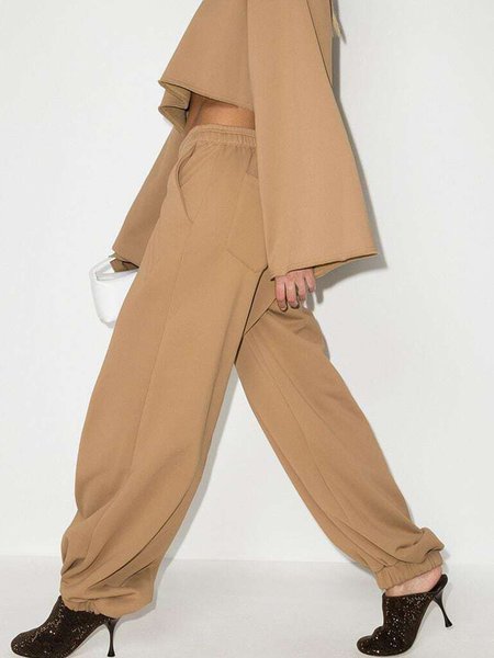 

Loosen Simple Daily Plain Sweatpants, Brown, Wide Leg Pants