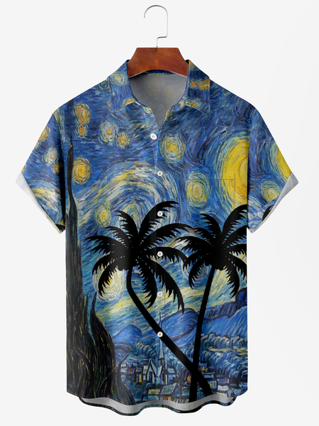 

Men's Hawaiian Oil Painting Botanical Print Moisture Wicking Fabric Fashion Lapel Short Sleeve Shirt, Blue, Men's Floral shirt