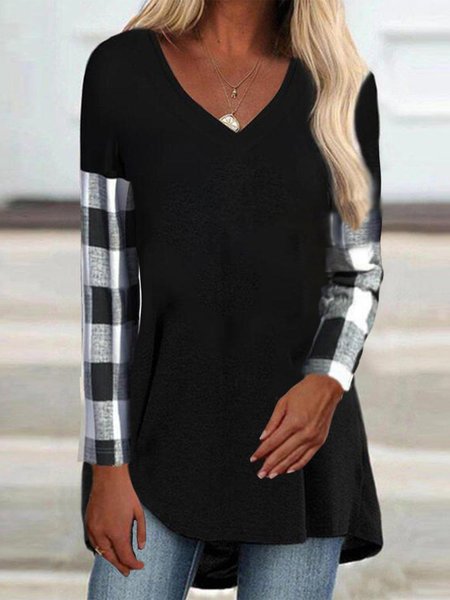 

Loose Casual V Neck Color Block Plaid T-Shirt, Black, Shirts & Blouses