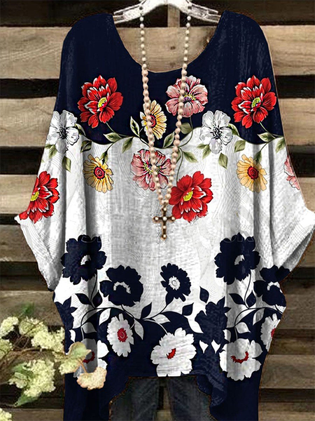 

Crew Neck Casual Floral Tops, Black, Blouses
