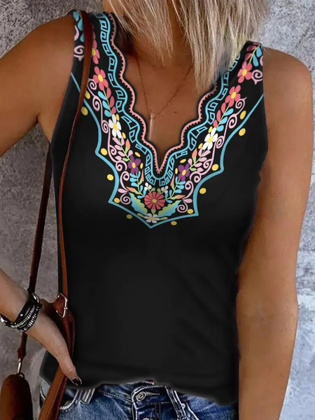 

Tribal Print Scallop Trim Tank Top, Black, Tanks & Camis