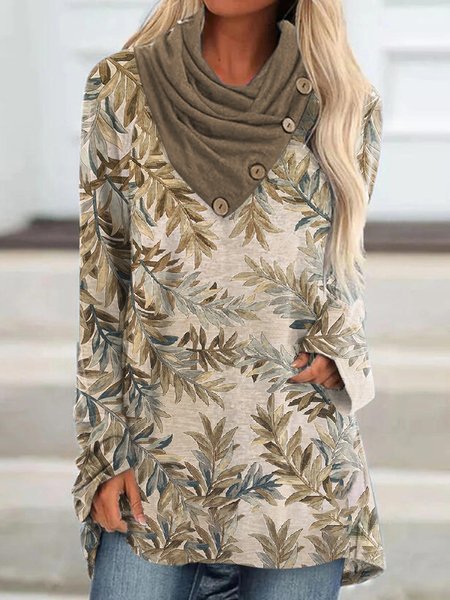 

Casual Foliage Floral Design Long Sleeve Knit Top, Khaki, Shirts & Blouses