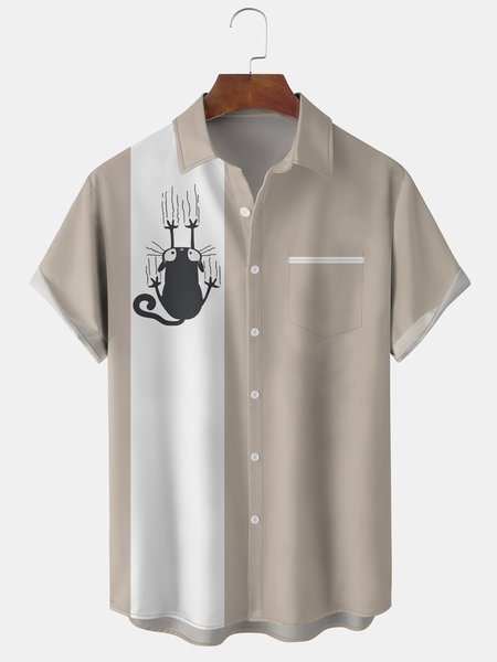 

Men's Halloween Elements Cat Graphic Print Short Sleeve Shirt, Light khaki, Men's Floral shirt
