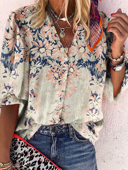 

Casual Floral Regular Fit V Neck Blouse, Multicolor, Shirts & Blouses