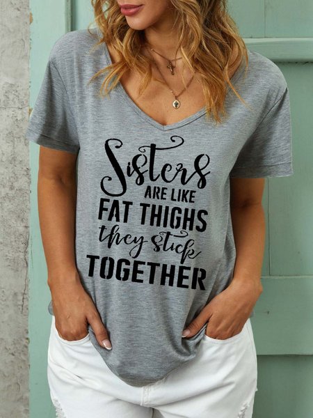

Women Sisters Letter Cotton-Blend Regular Fit V Neck T-Shirt, Gray, T-shirts