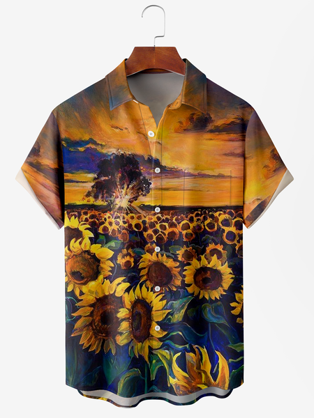 

Men's Sunflower Floral Print Moisture Wicking Fabric Fashion Lapel Short Sleeve Shirts, Yellow, Men's Floral shirt