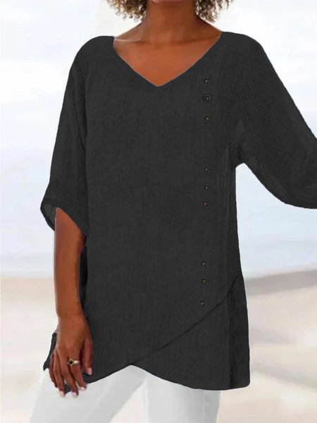 

Women Loose V Neck Button Asymmetric Hem Solid 3/4 Sleeve Tunic Top, Black, Tunics
