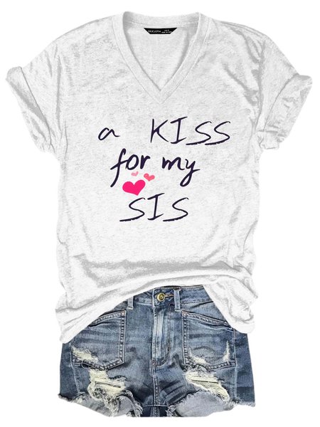 

Women Sisters Cordate Letter V Neck Regular Fit Casual T-Shirt, White, T-shirts