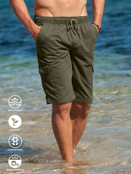 

Cotton and Linen Style American Casual Basic Versatile Linen Cargo Shorts, As picture, Men's shorts