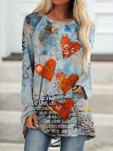 

Heart/Cordate Loose Casual Crew Neck T-Shirt, Blue, Shirts & Blouses
