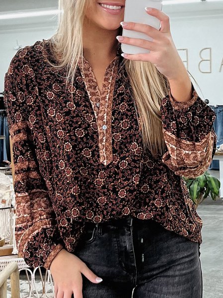 

Cotton-Blend Vintage Loose Tops, Brown, Shirts & Blouses