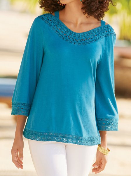

Loose Casual Cotton-Blend Tops, Blue, Tunics