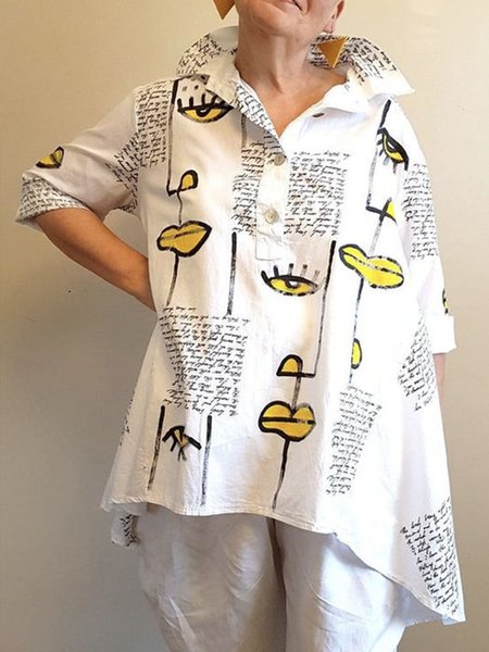 

Daily Long sleeve Abstract Urban Shirt Collar Blouse, White, Blouses and Shirts