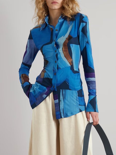 

Urban Shirt Collar Tight Abstract Long Sleeve Blouse, Blue, Blouses and Shirts