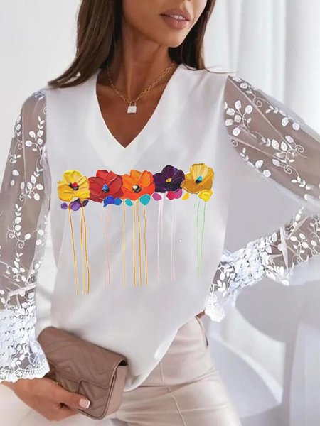 

Floral loose lace top plus size, White, Shirts & Blouses