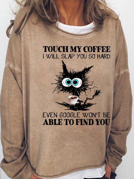

Women's Funny Coffee Letter Black Cat Casual Sweatshirt, Light brown, Hoodies&Sweatshirts