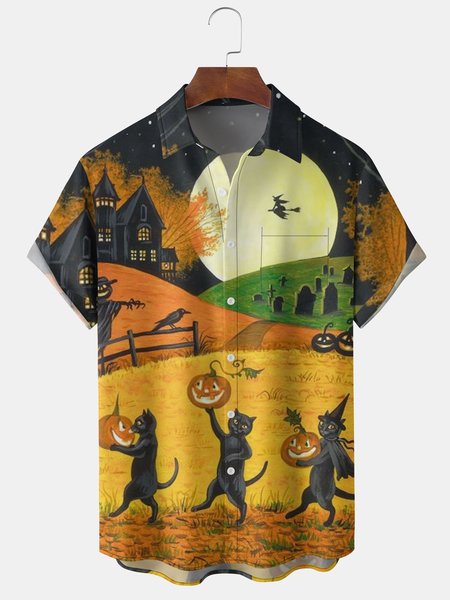 

Men's Halloween Print Short Sleeve Hawaiian Shirt with Chest Pocket, Yellow, Men's Floral shirt