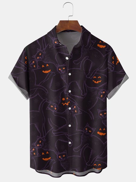 

Men's Halloween Elements Cat Graphic Print Short Sleeve Shirt, Black, Men's Floral shirt