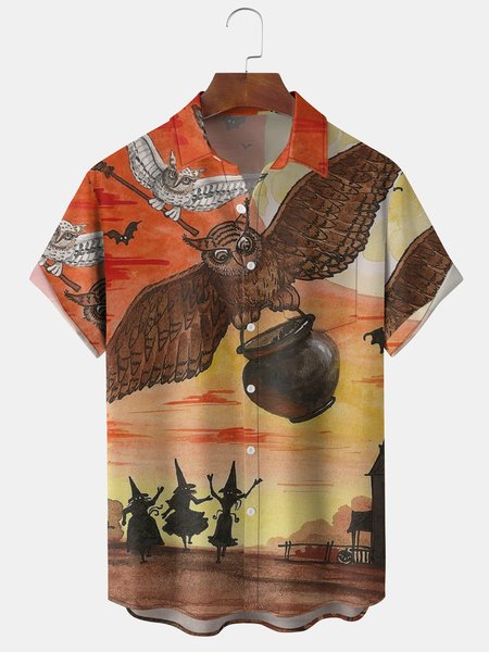 

Men's Halloween Print Short Sleeve Hawaiian Shirt with Chest Pocket, Orange red, Men's Floral shirt