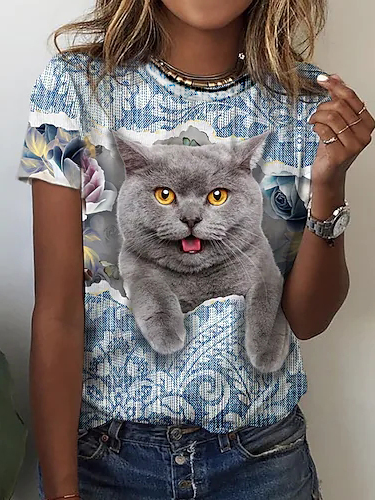 

Cotton-Blend Cat Casual T-Shirt, Multicolor, T-Shirts