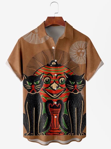 

Men's Halloween Cat Print Moisture Wicking Fabric Fashion Lapel Short Sleeve Shirts, Deep khaki, Men's Floral shirt