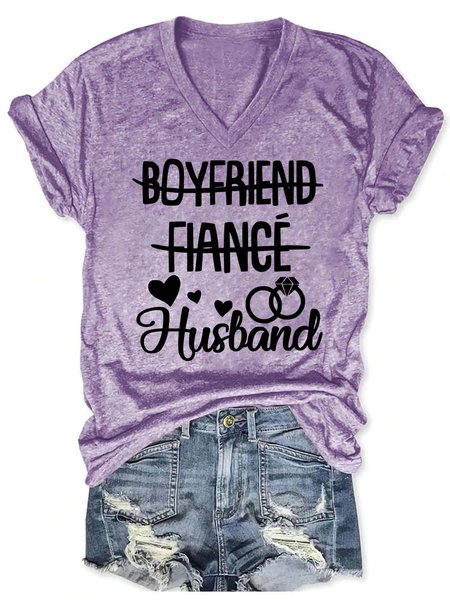 

Women Cordate Husband Letter Casual T-Shirt, Purple, T-shirts