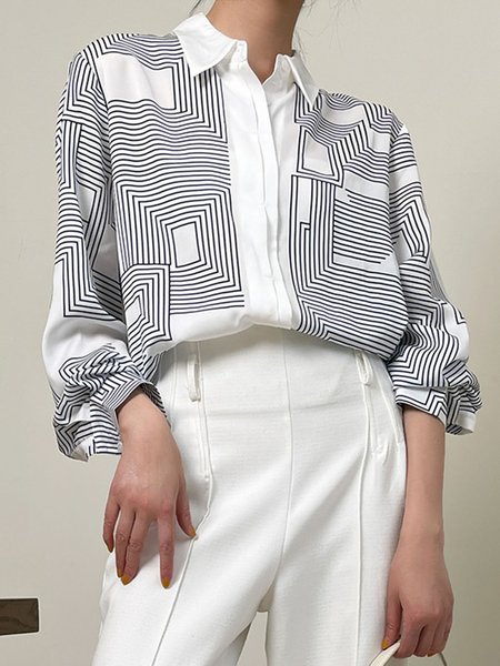Daily Long sleeve Regular Fit Striped Simple Blouse, White, Blouses and Shirts
