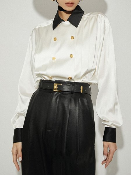

White Daily Elegant Shirt Collar Color Block Blouse, Blouses and Shirts