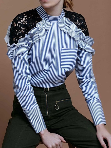 

Autumn Long sleeve H-Line Stand Collar Urban Commuting Blouse, Stripe, Blouses and Shirts