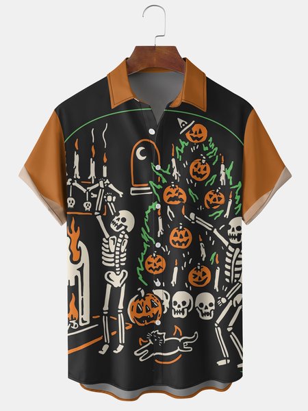 

Men's Halloween Graphic Print Short Sleeve Shirt, Orange, Men's Floral shirt