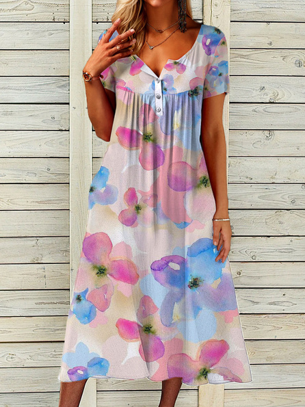

Floral V Neck Loose Dresses, Multicolor, Dresses