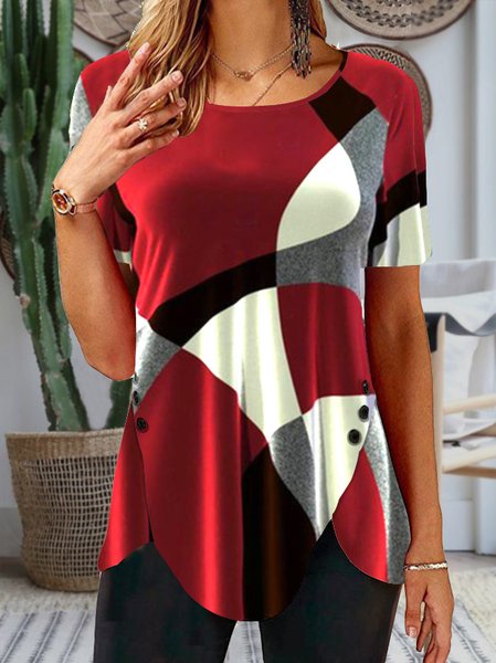 

Regular Fit Geometric Casual Tops, Red, Tunics